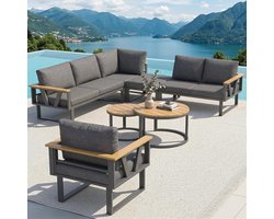 Modulaire Outdoor Tuinmeubelset Loungeset met 9 cm Kussens en 2 Ronde Houten Tafels Verstelbare Poten Weerbestendige Zitgroep voor Balkon Terras Tuin 4-6 Personen – Urbanhome