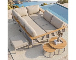 Modulaire Outdoor Tuinmeubelset Loungeset met 9 cm Kussens en 2 Ronde Houten Tafels Verstelbare Poten Weerbestendige Zitgroep voor Balkon Terras Tuin 4-6 Personen – Urbanhome