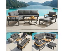 Modulaire outdoor zitgroep met verstelbare poten, robuuste metalen basis, 9 cm dikke kussens en set van 2 houten tafels, vrij te combineren voor terras, balkon, zwembad, grijs