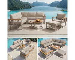 Modulaire outdoor zitgroep met verstelbare poten, robuuste metalen basis, 9 cm dikke kussens en set van 2 houten tafels, vrij te combineren voor terras, balkon, zwembad, beige