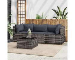 Modulaire Polyrattan Balkon Loungeset 4-Delig met Tafel en Grijze Kussens – 63 x 63 x 57,5 cm Hoekbank Set –