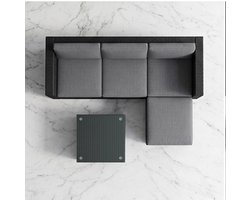 Modulaire Polyrotan Hoek Loungeset Tuinmeubelset voor 4–5 Personen met 3-Zits Bank, Hocker en Glazen Salontafel – Weerbestendige Balkon- en Terrasset met Kussens – Zwart/Grijs – Mobili Bella