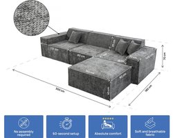 Modulaire rechte bank met voetenbank in structuurstof "Lusso" - 4-zits - Grijs