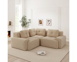 Modulaire Ribstof Hoekbank - 3 Zits Lounge Bank - Diepe Zit Cloud Sofa Zonder Montage - Zachte Relaxbank Met Anti Slip Onderkant - Comfortabele Bank Voor Woonkamer En Kantoor - Beige