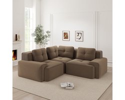 Modulaire Ribstof Hoekbank - 3 Zits Lounge Bank - Diepe Zit Cloud Sofa Zonder Montage - Zachte Relaxbank Met Anti Slip Onderkant - Comfortabele Bank Voor Woonkamer En Kantoor - Bruin