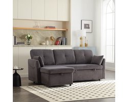 Modulaire slaapbank met opbergvak en uittrekbaar bed - L-vorm hoekbank - 3-4 personen - grijs - gestreepte fleece stof - uitwisselbare chaise longue - verborgen opbergruimte - incl. 5 kussens