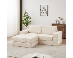 Modulaire Slaapbank - Ribstof 2-Zits Bank Met Verplaatsbare Hocker - Multifunctionele Sofa Bed Met Kussens - Comfortabele Lounge Bank Voor Woonkamer - Beige