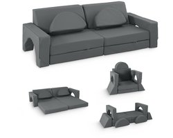 Modulaire Speelbank Kinderen 10-delig – Kinderbank Speelsofa – Play Couch – Speelbank Kinderkamer – Schuimkussen – Kinderzetel – Kinderstoel – Slaapbank – Hutten Bouwen – Wasbaar – Montessori Speelgoed Peuter – Grijs