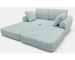 Modulaire Speelbank Turquoise Ribstof – Kinderbank van Zacht Schuim, Uitklapbare Kindersofa, Slaapbank en Matras voor Kinderkamer