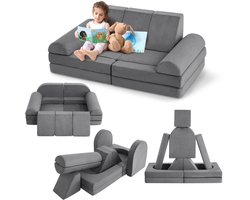 Modulaire Speelbank voor Kinderen - 10-Delige Kindersofa & Loungebank met Ballenbak Functie - Zacht Schuim - Wasbare Hoezen - Grijs