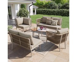 Modulaire Tuin Loungeset 5-Delig 114,5x61x67 cm Hoekbank + Fauteuil + Salontafels – Verstelbare Outdoor Lounge Set met Waterafstotende Kussens Beige – Laura