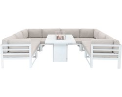 Modulaire Tuinmeubelen Set | 8 Zitplaatsen, U-vorm Hoek Beklede Bank & Gas Vuurtafel | 9 Stuk Aluminium Lounge Buiten Dineren/Eten | Balkon Terras Tuin | Waterdichte Regenhoes | Wit | Rotan Vervanger