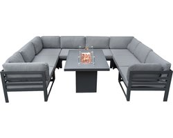 Modulaire Tuinmeubelen Set | 8 Zitplaatsen, U-vorm Hoek Beklede Bank & Gas Vuurtafel 9 Stuk Aluminium Lounge Buiten Dineren/Eten | Balkon Terras Tuin | Waterdichte Regenhoes | Grijs | Rotan Vervanger