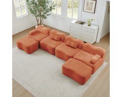 Modulaire U-Bank 4-Zits - Fluwelen Hoekbank Met 2 Poefs - Oranje