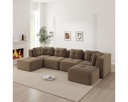 Modulaire U-Bank 4-Zits - Frameloze Cloud Sofa Met Voetenbank En Diepe Zit - Luxe Ribstof Hoekbank Met Antislip Onderkant - Grote Lounge Bank Voor Woonkamer - Bruin