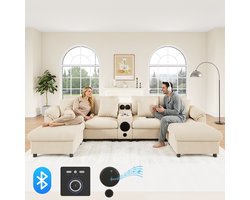 Modulaire U- en L-vormige Corduroy Bank met Bluetooth-luidspreker en Console, U-Bank L-Bank Hoekbank met Opbergruimte, Draadloos Opladen, USB-poorten, Bekerhouders en Kussens, Beige