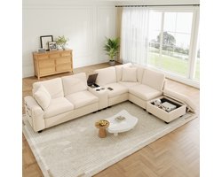 Modulaire U-/L-vormige hoekbank - met opbergpoef - verplaatsbare console met 2 bekerhouders - USB/Type-C-poort - armleuningtas - beige