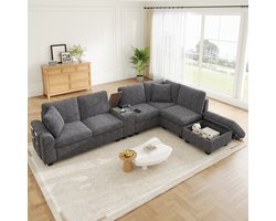 Modulaire U-/L-vormige hoekbank - met opbergpoef - verplaatsbare console met 2 bekerhouders - USB/Type-C-poort - armleuningtas - grijs