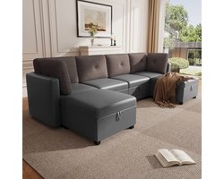 Modulaire U-vorm bank 6-modules met opbergruimte - Fluweel en corduroy mix - Vrij te combineren tot U-bank, L-bank, ligbed of losse stoelen - Opbergvak onder elke zitting, hoogdicht schuim - Geschikt voor woonkamer en appartement