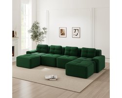 Modulaire U-vormige bank met chaise longue - Woonkamer - 4-zits - Groen corduroy - Diepe zit 74 cm - Montagevrij - Frameloos en antislip