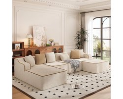 Modulaire U-Vormige Hoekbank met Slaapfunctie 165 x 340 x 65 cm, Cloud Boneless Sofa, Beige, Corduroy, Zithoogte Comfort, Geen Montage – Pauwhome