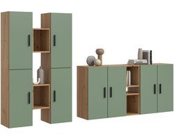 Modulaire woonwand in artisan eik en rookgroen - Stijlvolle opbergoplossing - 270x182cm