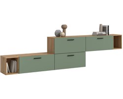 Modulaire woonwand in artisan eik en smoke green - Stijlvolle opbergoplossing - 276cm