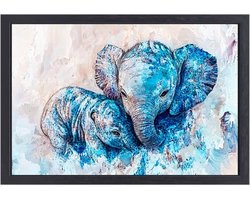 "Moeder en baby olifant in blauw" - Olifanten canvas kunst - Wandkunst dieren - Abstracte kunst - Canvas muurdecoratie met lijst - Wanddecoratie kinderkamer - canvas met baklijst 150x100 cm
