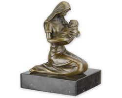 Moeder en Kind - Bronzen Sculptuur - Klassiek Brons Beeld - Bruine Patina - Marmer Sokkel - 11 cm