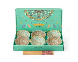 Moederdag - 6 Keramische kommen met eetstokjes - Bohemian - set - schaaltjes - kommetjes - serviesset - tapas, rijst, sushi - keramiek - giftbox - cadeauverpakking - Oosterse stijl - rijstkom - sushikom - Boheems - Boho - Mandala - Boheemse