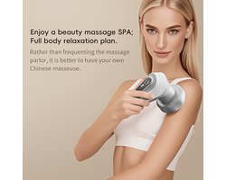 Moederdag Deze grijze fascie-massager is een full-body massager die kan worden gebruikt om de huid te verstevigen. Hij is uitgerust met vijf verwisselbare massagekoppen en biedt negen instelbare intensiteitsniveaus.