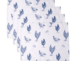 Moederdag - Placemats kippen blauw set van 4 - 45x35cm - Stof - Wasbaar - Feest decoratie - Pasen tafeldecoratie - Pasen placemats - Landelijke decoratie