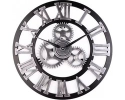 Mogi Products –Wandklok Met Tandwielen–60 cm– Zwart Grijs – Romeinse Klok– Muurklok– Retro Stil Uurwerk