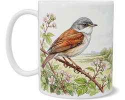 Mok "Aquarel Series" Grasmus op Braamstruik in Hollands Weidelandschap met Molen - Waterverf Illustratie Natuur - Zangvogel Natuur Koffiemok & Theemok voor Thuis & Kantoor - Bijzonder Cadeau voor haar: Vrouw, Vriendin of Collega