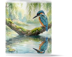 Mok Aquarel Series: Kleurrijke IJsvogel op Tak - Kingfisher Vogelprint Koffiemok - Natuur Kunst Cadeau voor haar: Vriendin of Collega - Sfeervolle Thee Beker met Waterlelies - Uniek Moederdagcadeau of Verjaardagscadeau Vrouw - Blauwe Woondecoratie