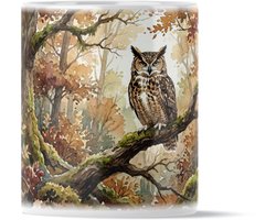 Mok Aquarel Series: Mysterieuse Uil in Herfstbos - Natuurlijke Dierenprint Koffiemok - Bos Kunst Cadeau voor haar: Vriendin of Collega - Sfeervolle Thee Beker met Eikenbladeren & Mos - Warm Verjaardagscadeau Vrouw - Rustieke Herfst Decoratie
