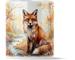 Mok Aquarel Series: Prachtige Vos in Herfstbos - Warme Dierenprint Koffiemok - Bos Kunst Cadeau voor haar: Vriendin of Collega - Sfeervolle Thee Beker met Oranje Bladeren & Beekje - Uniek Verjaardagscadeau Vrouw - Rustieke Herfst Decoratie Beker