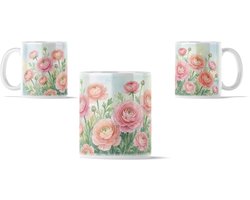 Mok Aquarel Series: Roze Ranonkels & Lente Bloeiers - Vrolijke Bloemenprint Koffiemok - Botanisch Kunst Cadeau voor haar: Vriendin of Collega - Thee Beker in Pastelkleuren - Moederdagcadeau of Verjaardagscadeau Vrouw - Pasen & Voorjaar Decoratie