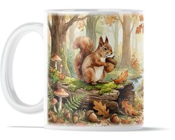 Mok Aquarel Series: Speelse Eekhoorns in Herfstbos - Bosdieren Print Koffiemok - Natuur Kunst Cadeau voor haar: Vriendin of Collega - Sfeervolle Thee Beker met Eikels & Paddenstoelen - Schattig Verjaardagscadeau Vrouw - Cosy Najaarsdecoratie