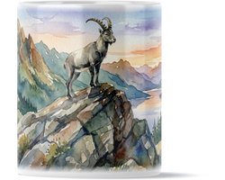 Mok Aquarel Series: Steenbok op Bergtop - Alpen Ibex Print Koffiemok - Wintersport Kunst Cadeau voor hem & haar: Vriend Vriendin of Collega - Sfeervolle Thee Beker met Bergmeer - Stoer Verjaardagscadeau Vrouw - Oostenrijk Decoratie