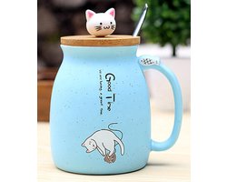 Mok bedrukt met Kat - Mok van keramiek met bamboe deksel en RVS lepel - Inhoud 400 ml - Blauw