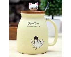 Mok bedrukt met Kat - Mok van keramiek met bamboe deksel en RVS lepel - Inhoud 400 ml - Geel