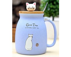 Mok bedrukt met Kat - Mok van keramiek met bamboe deksel en RVS lepel - Inhoud 400 ml - Purper