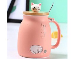 Mok bedrukt met Kat - Mok van keramiek met bamboe deksel en RVS lepel - Inhoud 400 ml - Roze