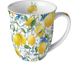 mok-beker-porselein-fine bone China-Ambiente-mediteraans-lemons-citroenen-geel-vrolijk