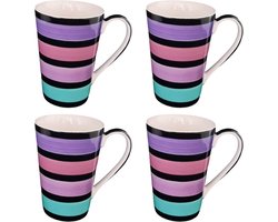 Mok - Beker - Set van 4 stuks mokken/bekers - Handgemaakt en hand painted -  Keramiek - Paars/roze/turquoise - 350 ml