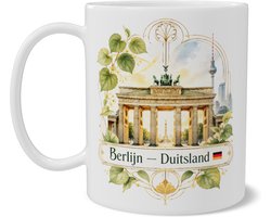 Mok Berlijn Duitsland souvenir met Brandenburger Tor, Fernsehturm, lindebladeren en geometrische Art Nouveau illustratie, Duitse stadsmok voor koffie, thee, citytrip herinnering, Berlijn fan en cadeau