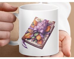 Mok Boek met Bloemen Mok, vintage blad, paarse bloemen, decoratieve Mok, theekopje, koffiemok, koffiekop, liefhebbers van boeken, bloemen