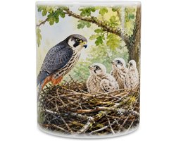 Mok Boomvalk familie met jongen op een oud nest - Prachtige aquarel illustratie van roofvogel in boslandschap - Stoere natuur koffiemok en theebeker voor vogelaar - Cadeau roofvogelliefhebber
