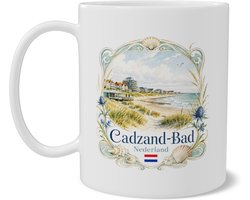 Mok Cadzand-Bad Nederland Koffiemok met Art Nouveau kust illustratie en Nederlandse vlag Wit keramiek voor thuis en op werk Cadeau voor strandliefhebbers en vakantiegangers